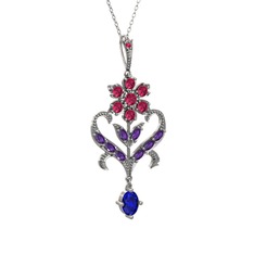 Rodolit garnet, ametist ve lab safir 14 ayar beyaz altın kolye (40 cm beyaz altın rolo zincir)