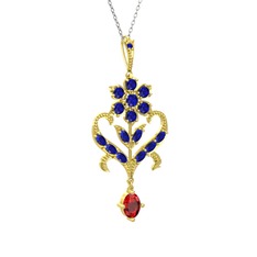 Lab safir ve garnet 14 ayar altın kolye (40 cm gümüş rolo zincir)