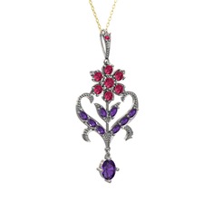 Rodolit garnet ve ametist 8 ayar beyaz altın kolye (40 cm altın rolo zincir)