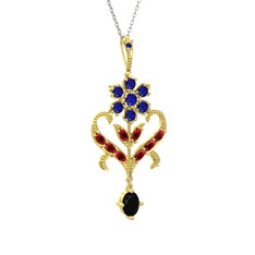 Lab safir, garnet ve siyah zirkon 14 ayar altın kolye (40 cm beyaz altın rolo zincir)