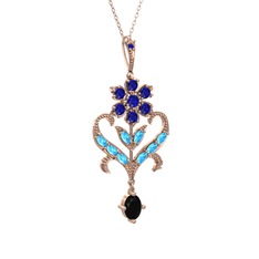 Lab safir, akuamarin ve siyah zirkon 925 ayar rose altın kaplama gümüş kolye (40 cm rose altın rolo zincir)