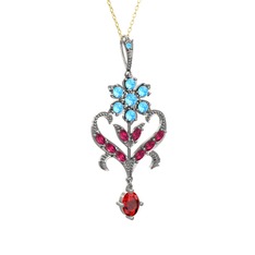 Ade Kraliyet Kolye - Akuamarin, rodolit garnet ve garnet 14 ayar beyaz altın kolye (40 cm gümüş rolo zincir) #h2znj0