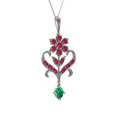 Rodolit garnet ve yeşil kuvars 925 ayar gümüş kolye (40 cm beyaz altın rolo zincir)