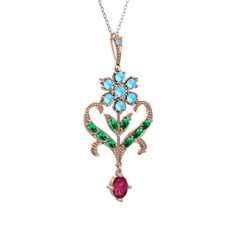 Ade Kraliyet Kolye - Akuamarin, yeşil kuvars ve rodolit garnet 925 ayar rose altın kaplama gümüş kolye (40 cm beyaz altın rolo zincir) #h4au3c