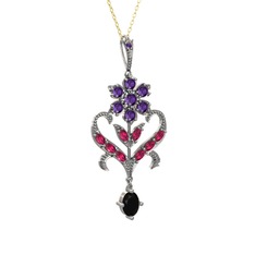 Ametist, rodolit garnet ve siyah zirkon 14 ayar beyaz altın kolye (40 cm gümüş rolo zincir)