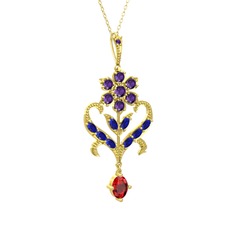 Ametist, lab safir ve garnet 14 ayar altın kolye (40 cm gümüş rolo zincir)