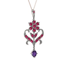 Rodolit garnet ve ametist 925 ayar gümüş kolye (40 cm gümüş rolo zincir)