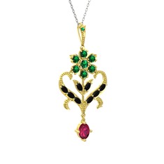 Ade Kraliyet Kolye - Yeşil kuvars, siyah zirkon ve rodolit garnet 14 ayar altın kolye (40 cm beyaz altın rolo zincir) #hcdj5p