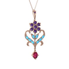 Ametist, akuamarin ve rodolit garnet 925 ayar rose altın kaplama gümüş kolye (40 cm gümüş rolo zincir)
