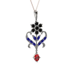 Siyah zirkon, lab safir ve garnet 14 ayar beyaz altın kolye (40 cm rose altın rolo zincir)