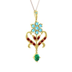 Akuamarin, garnet ve yeşil kuvars 925 ayar altın kaplama gümüş kolye (40 cm rose altın rolo zincir)