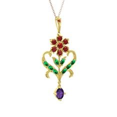 Garnet, yeşil kuvars ve ametist 925 ayar altın kaplama gümüş kolye (40 cm gümüş rolo zincir)