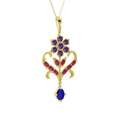 Ade Kraliyet Kolye - Ametist, rodolit garnet ve lab safir 14 ayar altın kolye (40 cm altın rolo zincir) #i8p9uv