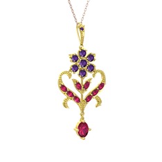Ametist ve rodolit garnet 8 ayar altın kolye (40 cm rose altın rolo zincir)