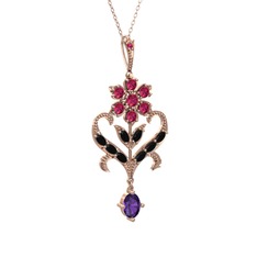 Ade Kraliyet Kolye - Rodolit garnet, siyah zirkon ve ametist 14 ayar rose altın kolye (40 cm rose altın rolo zincir) #j5objo