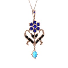 Lab safir, siyah zirkon ve akuamarin 925 ayar rose altın kaplama gümüş kolye (40 cm rose altın rolo zincir)
