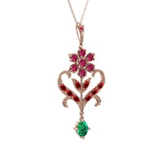 Rodolit garnet, garnet ve yeşil kuvars 8 ayar rose altın kolye (40 cm gümüş rolo zincir)