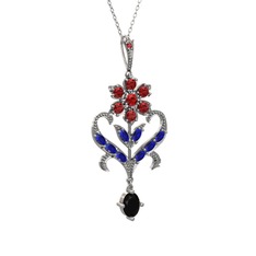 Ade Kraliyet Kolye - Garnet, lab safir ve siyah zirkon 14 ayar beyaz altın kolye (40 cm beyaz altın rolo zincir) #k25czf