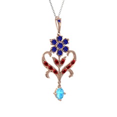 Lab safir, garnet ve akuamarin 14 ayar rose altın kolye (40 cm beyaz altın rolo zincir)