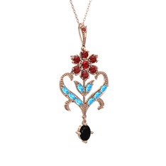 Garnet, akuamarin ve siyah zirkon 14 ayar rose altın kolye (40 cm gümüş rolo zincir)