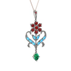 Garnet, akuamarin ve yeşil kuvars 14 ayar beyaz altın kolye (40 cm rose altın rolo zincir)