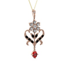 Beyaz zirkon, siyah zirkon ve garnet 925 ayar rose altın kaplama gümüş kolye (40 cm altın rolo zincir)