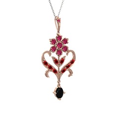 Rodolit garnet, garnet ve siyah zirkon 925 ayar rose altın kaplama gümüş kolye (40 cm beyaz altın rolo zincir)