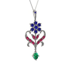 Lab safir, rodolit garnet ve yeşil kuvars 925 ayar gümüş kolye (40 cm beyaz altın rolo zincir)