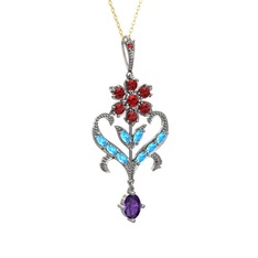 Garnet, akuamarin ve ametist 14 ayar beyaz altın kolye (40 cm altın rolo zincir)