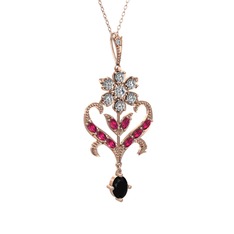 Ade Kraliyet Kolye - Beyaz zirkon, rodolit garnet ve siyah zirkon 14 ayar rose altın kolye (40 cm gümüş rolo zincir) #l6w6gv