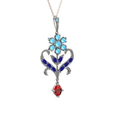 Akuamarin, lab safir ve garnet 14 ayar beyaz altın kolye (40 cm rose altın rolo zincir)