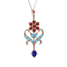 Garnet, akuamarin ve lab safir 14 ayar rose altın kolye (40 cm beyaz altın rolo zincir)