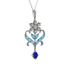 Ade Kraliyet Kolye - Beyaz zirkon, akuamarin ve lab safir 14 ayar beyaz altın kolye (40 cm beyaz altın rolo zincir) #ljqlye