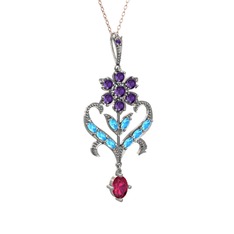 Ametist, akuamarin ve rodolit garnet 14 ayar beyaz altın kolye (40 cm rose altın rolo zincir)