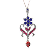 Ade Kraliyet Kolye - Lab safir, rodolit garnet ve garnet 925 ayar gümüş kolye (40 cm rose altın rolo zincir) #lmcgja