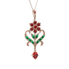 Garnet ve yeşil kuvars 14 ayar rose altın kolye (40 cm gümüş rolo zincir)