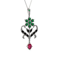 Yeşil kuvars, siyah zirkon ve rodolit garnet 925 ayar gümüş kolye (40 cm beyaz altın rolo zincir)