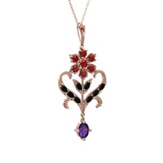 Ade Kraliyet Kolye - Garnet, siyah zirkon ve ametist 925 ayar rose altın kaplama gümüş kolye (40 cm rose altın rolo zincir) #m4cb34