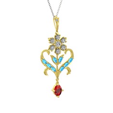 Ade Kraliyet Kolye - Beyaz zirkon, akuamarin ve garnet 14 ayar altın kolye (40 cm gümüş rolo zincir) #m6pgou