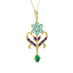 Akuamarin, ametist ve yeşil kuvars 8 ayar altın kolye (40 cm altın rolo zincir)