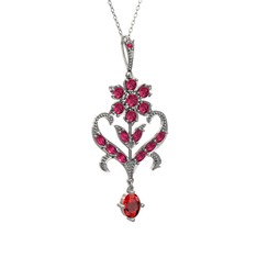 Rodolit garnet ve garnet 14 ayar beyaz altın kolye (40 cm gümüş rolo zincir)