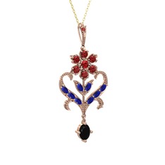 Garnet, lab safir ve siyah zirkon 14 ayar rose altın kolye (40 cm gümüş rolo zincir)