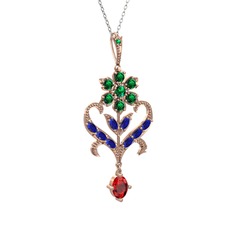 Ade Kraliyet Kolye - Yeşil kuvars, lab safir ve garnet 14 ayar rose altın kolye (40 cm beyaz altın rolo zincir) #mjziys