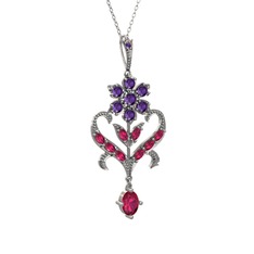 Ametist ve rodolit garnet 925 ayar gümüş kolye (40 cm gümüş rolo zincir)