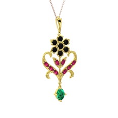 Siyah zirkon, rodolit garnet ve yeşil kuvars 925 ayar altın kaplama gümüş kolye (40 cm rose altın rolo zincir)