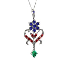 Lab safir, garnet ve yeşil kuvars 14 ayar beyaz altın kolye (40 cm beyaz altın rolo zincir)
