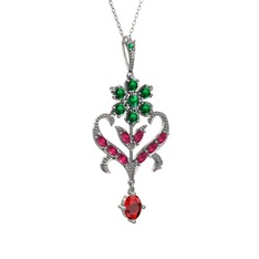 Yeşil kuvars, rodolit garnet ve garnet 14 ayar beyaz altın kolye (40 cm gümüş rolo zincir)