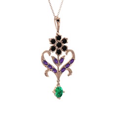 Ade Kraliyet Kolye - Siyah zirkon, ametist ve yeşil kuvars 8 ayar rose altın kolye (40 cm gümüş rolo zincir) #n1cjmu