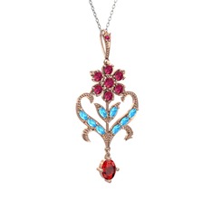 Rodolit garnet, akuamarin ve garnet 925 ayar rose altın kaplama gümüş kolye (40 cm beyaz altın rolo zincir)