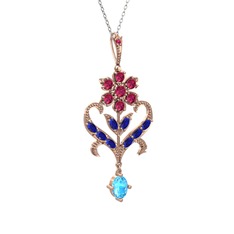 Rodolit garnet, lab safir ve akuamarin 925 ayar rose altın kaplama gümüş kolye (40 cm gümüş rolo zincir)